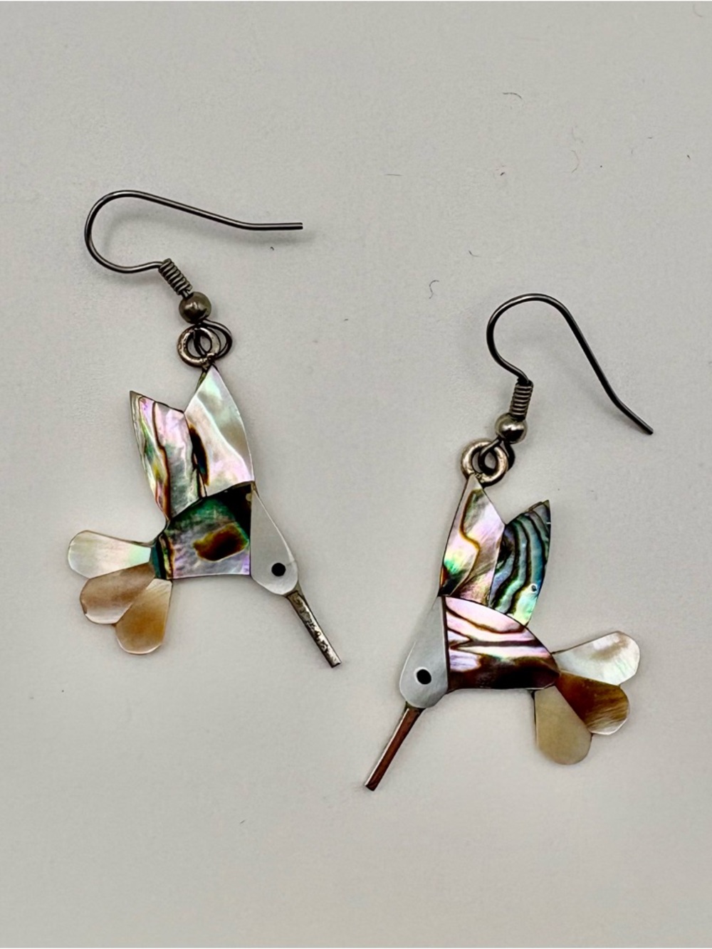 Handmade Alpaca Mexico Hummingbird Abalone and Mother of Pearl Dangle Earrings - Picture 5 of 5